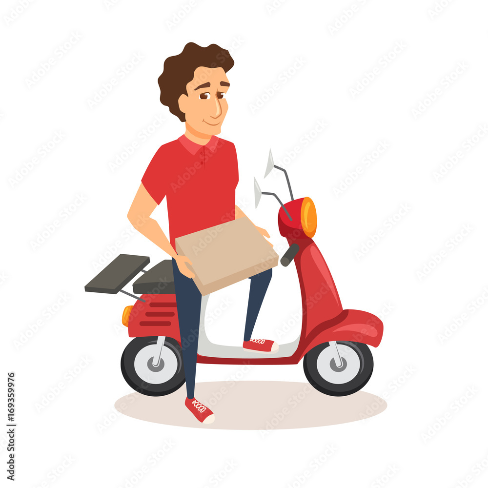 courier with scooter and pizza