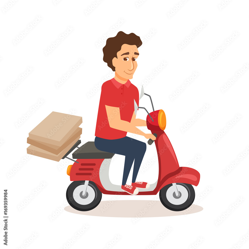 courier drives scooter with pizza