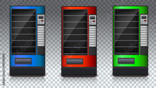 Vending Machine for snacks or soda, food and drink with empty shelves. Set of colored automat. Vending Machine of green, red and blue color. 3D illustration isolated on transparent background