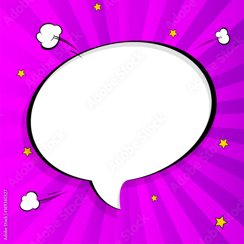 Pop art chat bubble in comics book style, blank layout template with halftone dots, comic speech bubble. Clouds beams and isolated dots pattern. Thoughts bubble in pop art comics style.