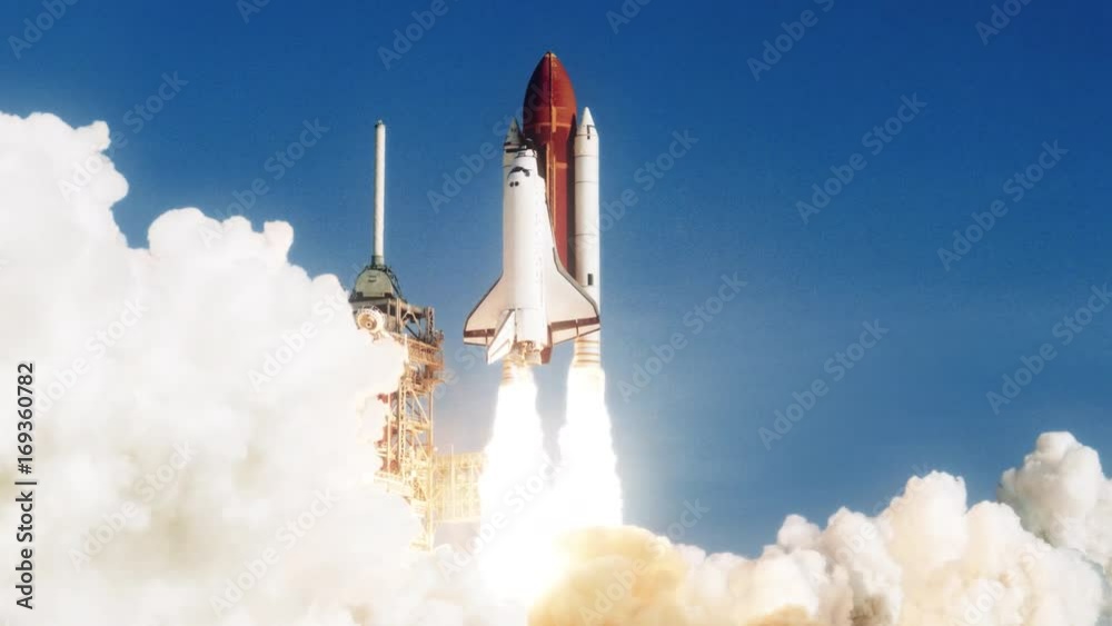 Space Shuttle launch in slow motion. (NASA logo removed) Elements furnished by NASA. Broadcast quality animation rendered at 16-bit color depth. 4K UHD.