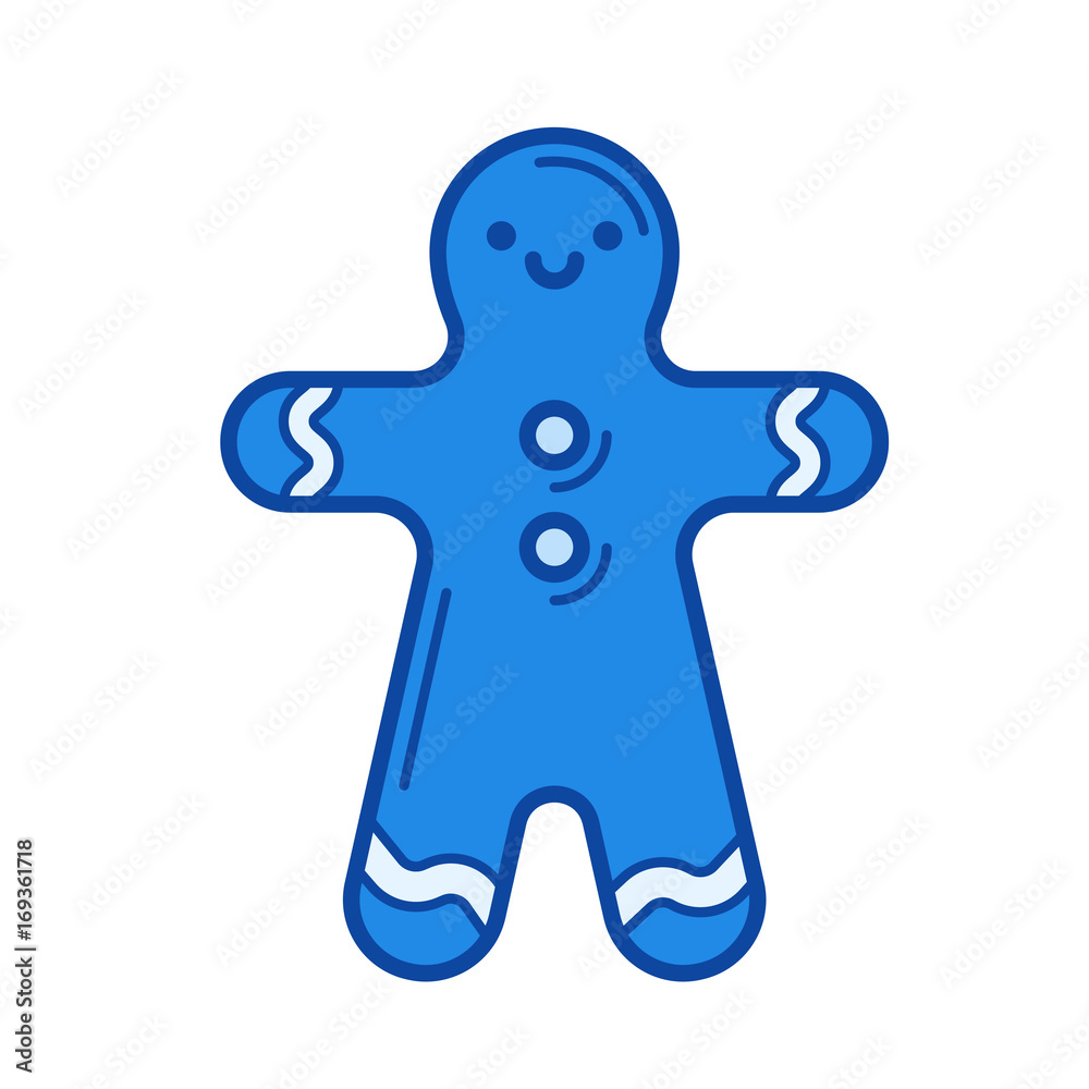 Obraz premium Gingerbread man vector line icon isolated on white background. Gingerbread man line icon for infographic, website or app. Blue icon designed on a grid system.
