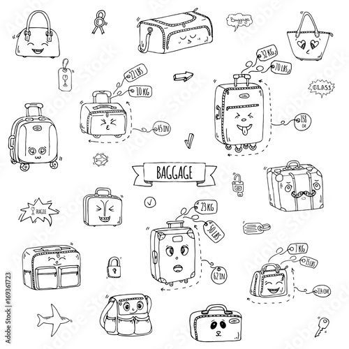 Hand drawn doodle Baggage with funny emoji faces icons set. Vector illustration. Different types of baggage. Large and small suitcase, hand luggage, backpack, handbag, tag. Sketch kawaii cartoon style