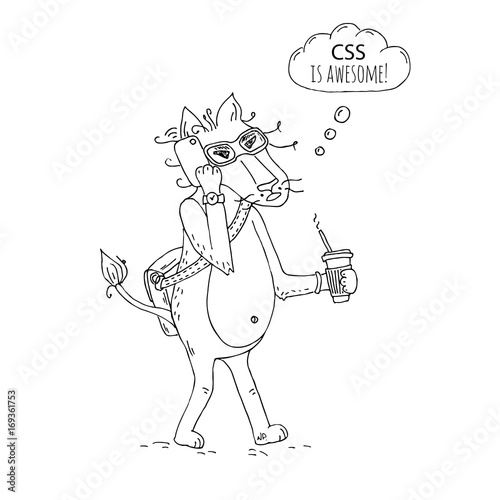 Hand drawn doodle funny cartoon geek Lion character walking with glasses, briefcase, cup of coffee and talking to smartphone. Speak bubble saying: CSS is awesome. Vector illustration.