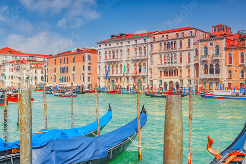 Views of the most beautiful canal of Venice - Grand Canal water streets, boats, gondolas, mansions along. Italy.