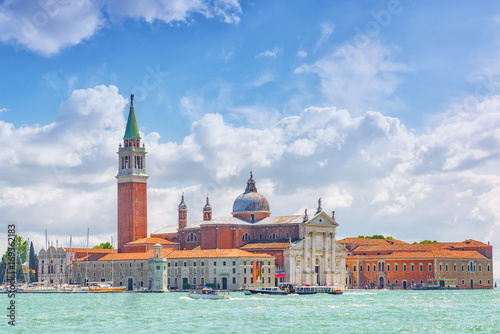 Panoramic view of Venice from the Campanile tower Island of Saint Giorgio Maggiore(Isola di S. Giorgio Maggiore) with San Giorgio Maggiore Church. Italy.