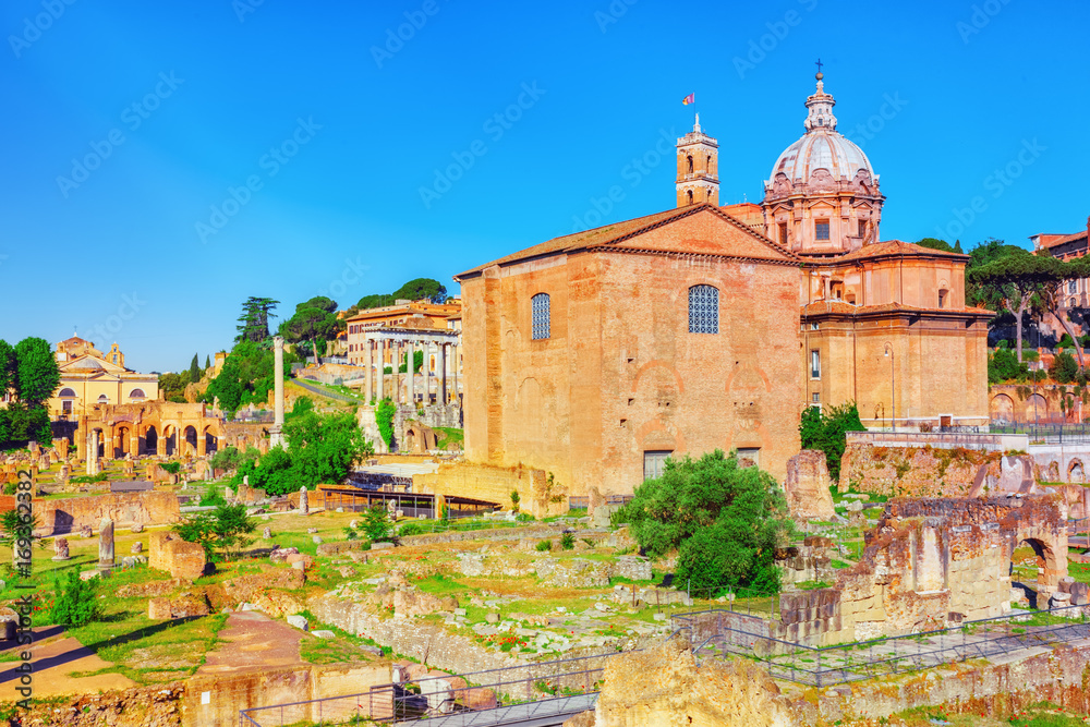 Archaeological and historical objects in Rome, united by the name - Roman Forum. Basilica Emilia.