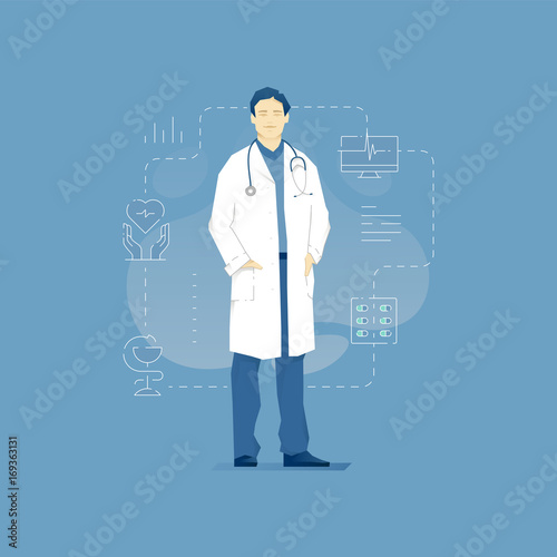 Cheerful medic man in white coat