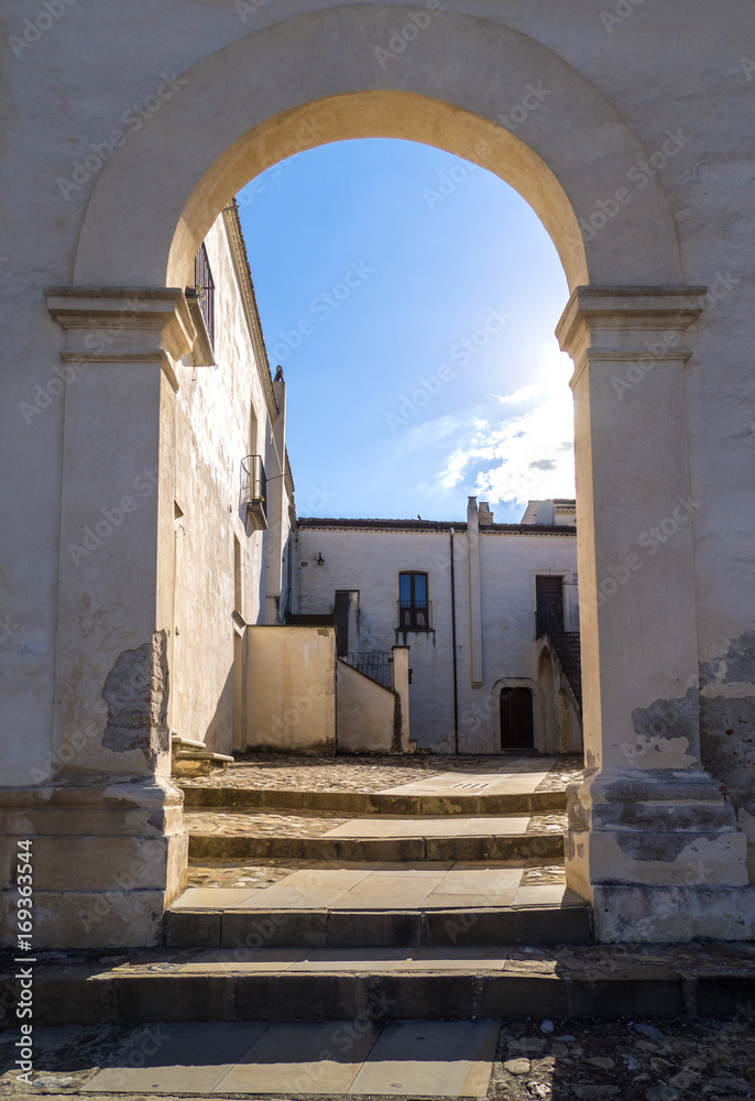 Naklejka premium Aliano, Italy - A very small town nestled among the badlands hills of the Basilicata region, famous for being the exile and tomb of the writer, painter and politician Carlo Levi