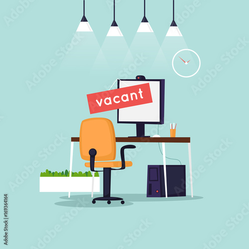 Vacant workplace. Office desk with computer, chair. Interior. Flat design vector illustration.