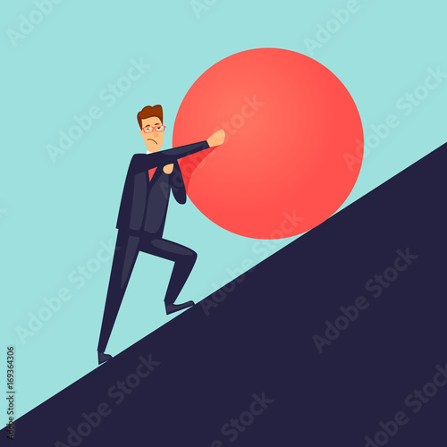 Businessman pushes up a mountain stone. Flat design vector illustration.