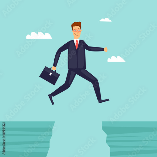 Businessman jumping over the abyss. Flat design vector illustration.