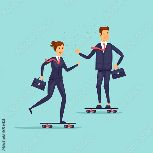 People in suits are riding skateboards. Business, work, office. Flat design vector illustration.