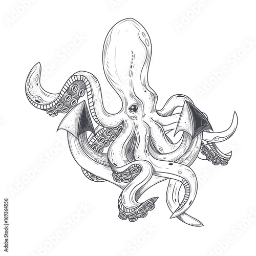 Vector illustration of an octopus hugging tentacles of a ships anchor, a sketch of a tattoo, an engraving, a print, a design element
