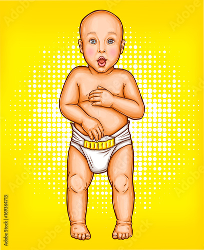 Vector pop art illustration of a baby in a diaper stands on its own feet and looks straight