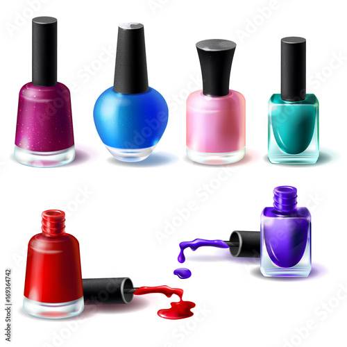 Set of vector illustrations in realistic style clean bottles with nail polish of different colors. Glass bottles with closed lids and open and blots of nail polish