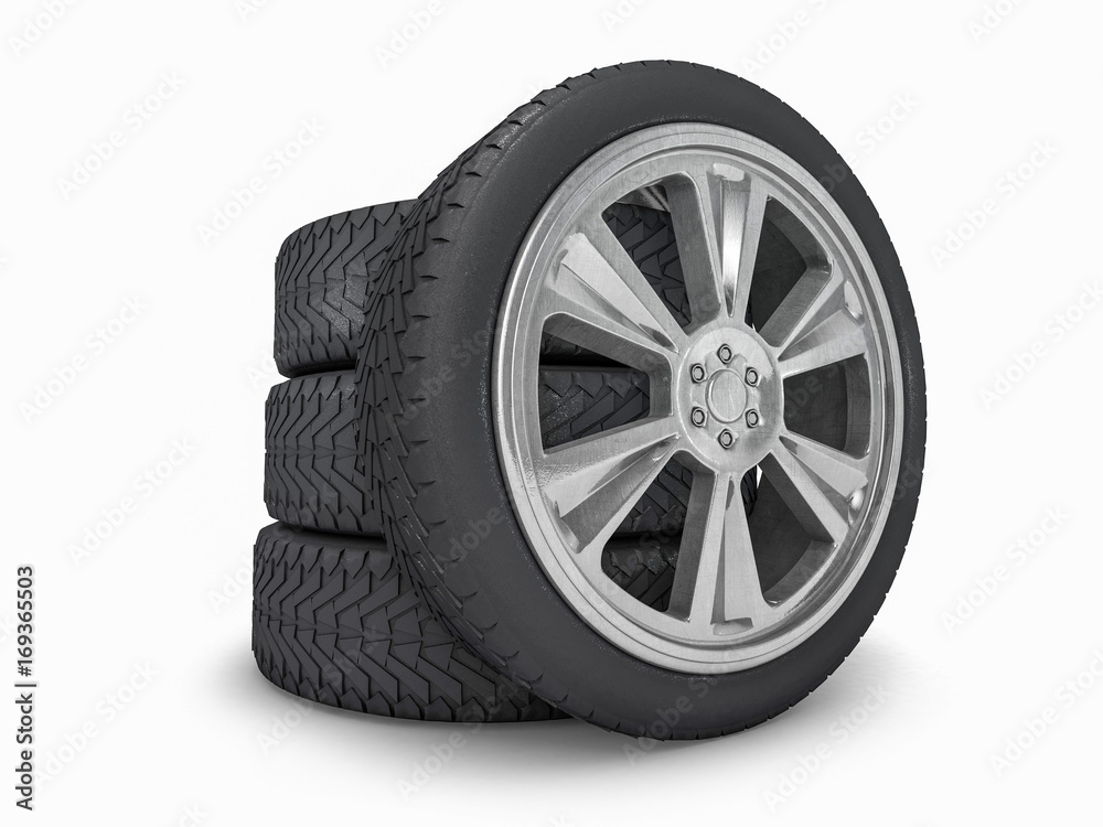 Winter set tires with hard protector. 3D rendering Winter set tires with hard protector. 3D rendering