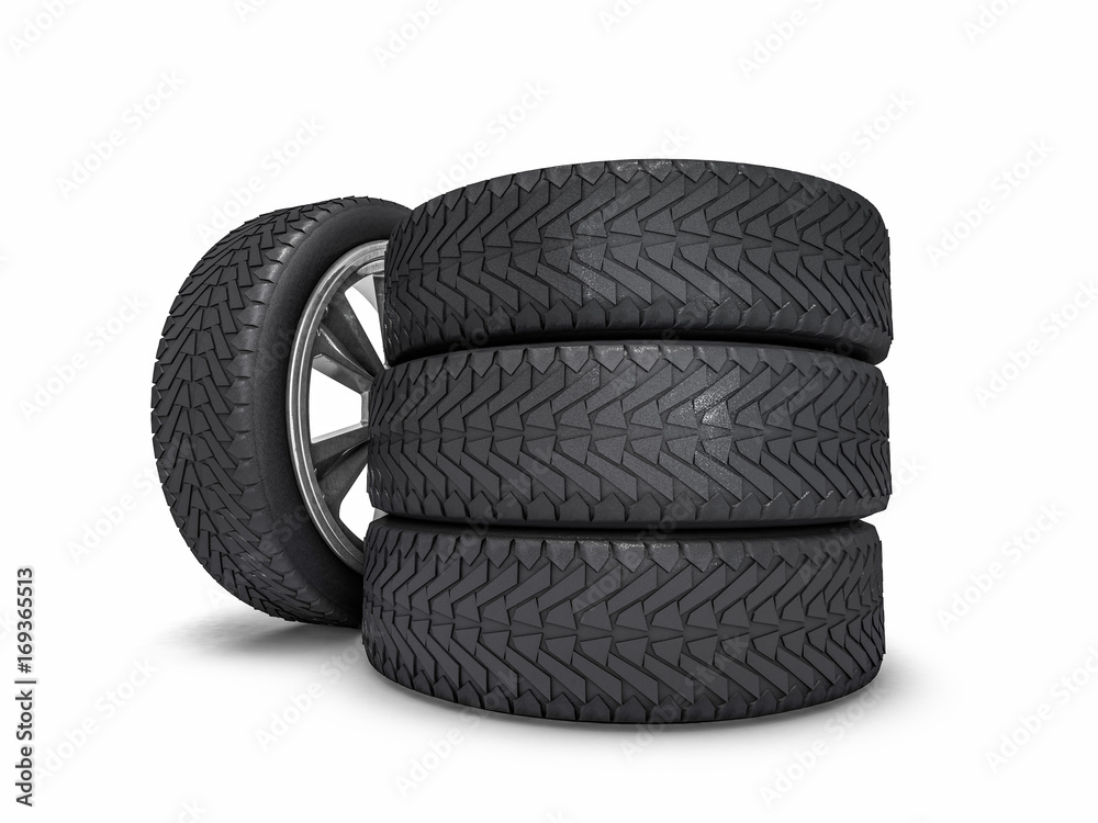Winter set tires with hard protector. 3D rendering Winter set tires with hard protector. 3D rendering