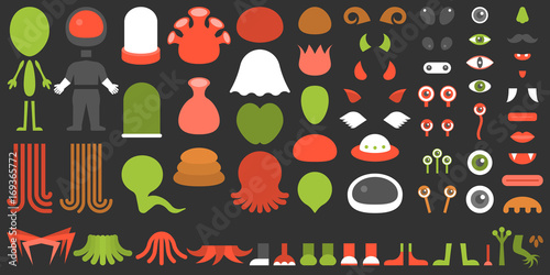 Monster and alien creation kit, suitable for children, Halloween, game application on smart phone, flat design vector