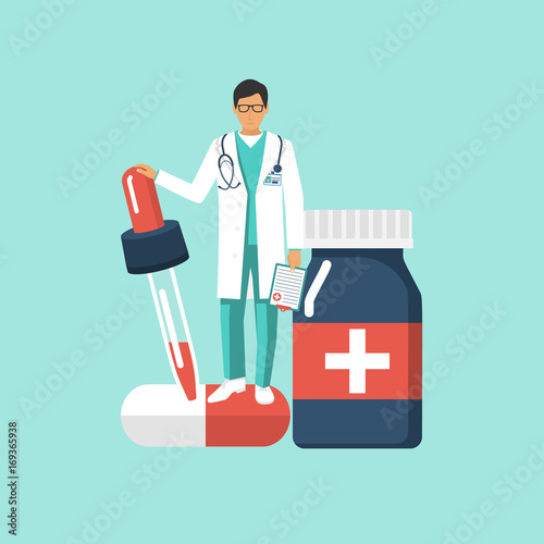 Doctor and medicine. Therapy concept.  Treatment. Pills pipette, stethoscope, Healthcare. Vector illustration flat design. Isolated on white background.