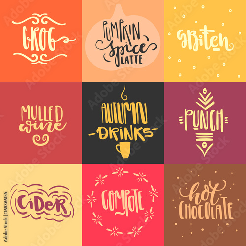 Vector set of hand drawn trendy lettering of autumn hot drinks. For menu design  greeting cards  invitations  logotypes  posters.