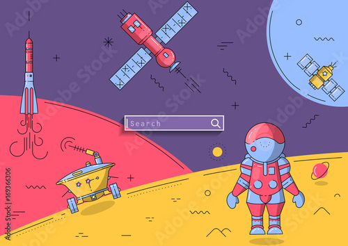 Vector cosmic flat line illustration. Space landscape with an astronaut on the moon and flying spaceships. For web templates, schoolbook, cosmonautics day poster.
