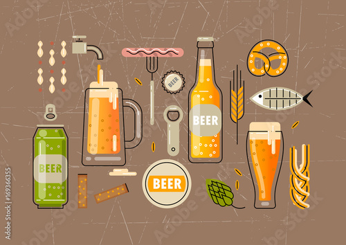 Vector set of flat line icons for beer festival. Bottles and glasses of beer, accessories and snacks.