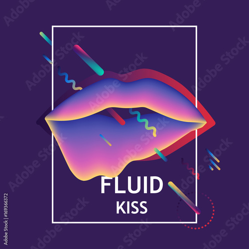 Vector fluid liquid lips and geometric pattern with white frame. For trendy posters, banners, card templates.