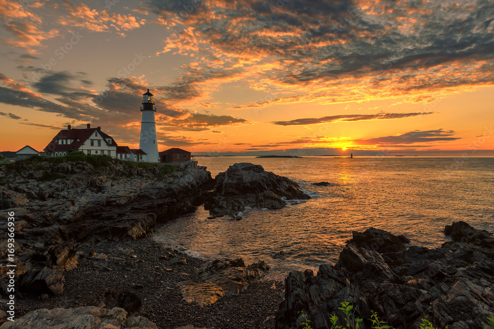 Portland Head Light at sunrise in Maine, New England.
