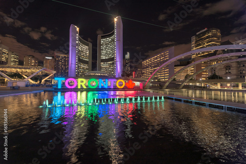 Toronto City Hall with colorful night in downtown Toronto, Ontario, Canada.