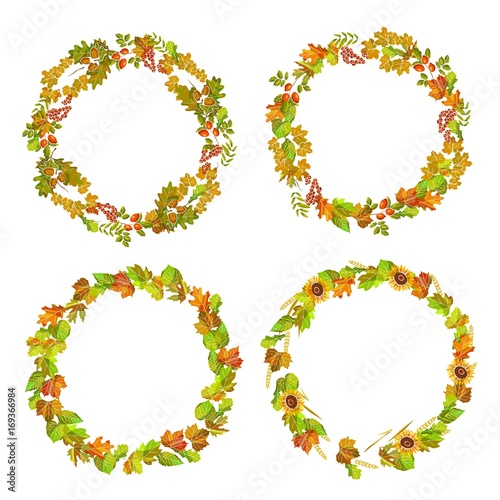Leaves and autumn plants gathered in neat wreaths