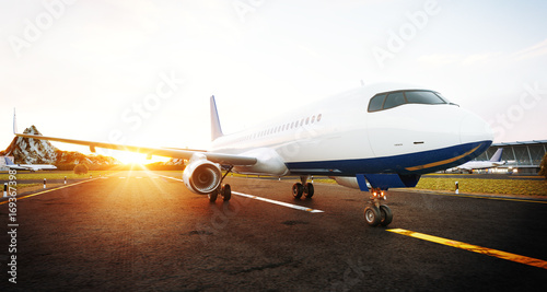 White commercial airplane standing on the airport runway at sunset. Front view of passenger airplane is taking off. Airplane concept 3D illustration.