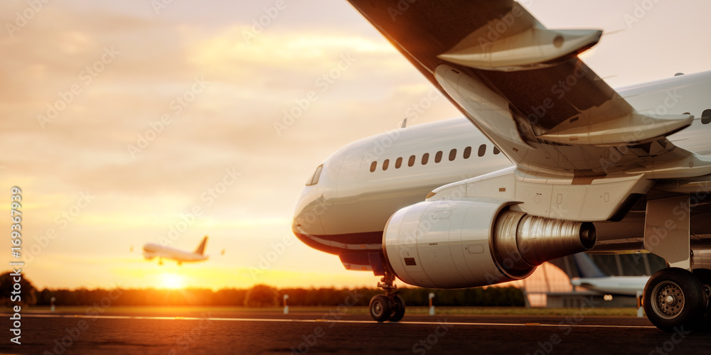Naklejka premium Biały samolot komercyjny stojący na pas startowy lotniska o zachodzie słońca. Samolot pasażerski startuje. Samolotowa pojęcie 3D ilustracja.