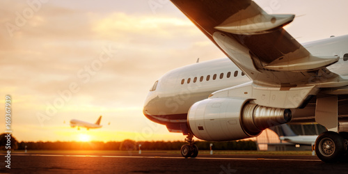 White commercial airplane standing on the airport runway at sunset. Passenger airplane is taking off. Airplane concept 3D illustration.