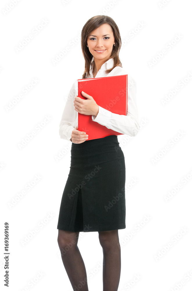 Full body of business woman with red folder, on white Full body of business woman with red folder, on white