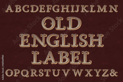 Old english label typeface. Striped letters, isolated alphabet.