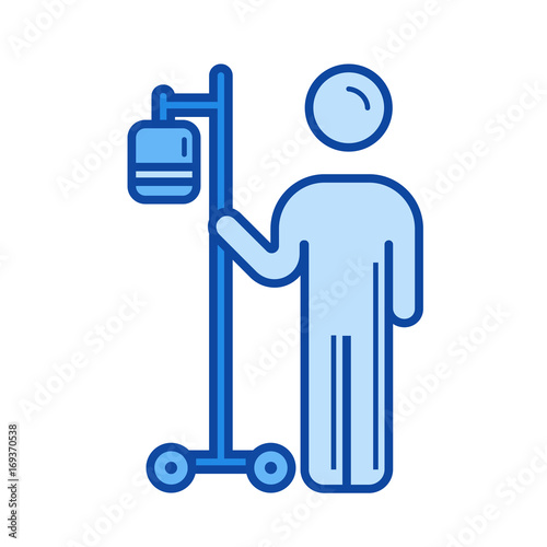 IV bag vector line icon isolated on white background. IV bag line icon for infographic, website or app. Blue icon designed on a grid system.