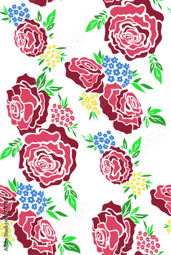 Floral seamless background pattern with roses, spring - summer season. Vector illustration for textile, wrapping paper, wallpaper, сurtains.