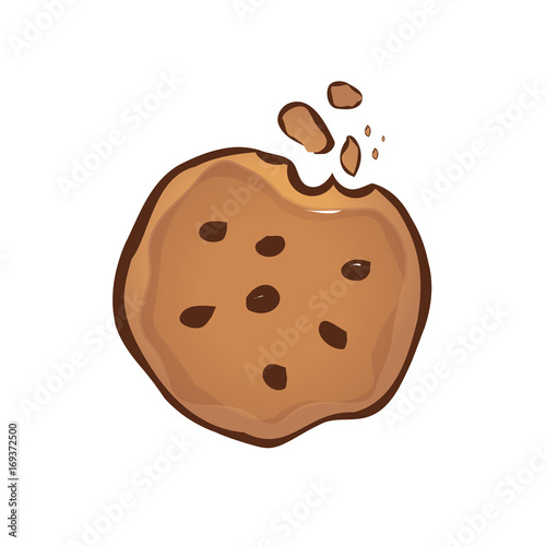 cookie illustration with bite and chocolate pieces, symbol design, isolated on white background.