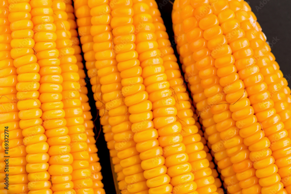 Corn kernels and corn stalks on black wooden background Corn kernels and corn stalks on black wooden background