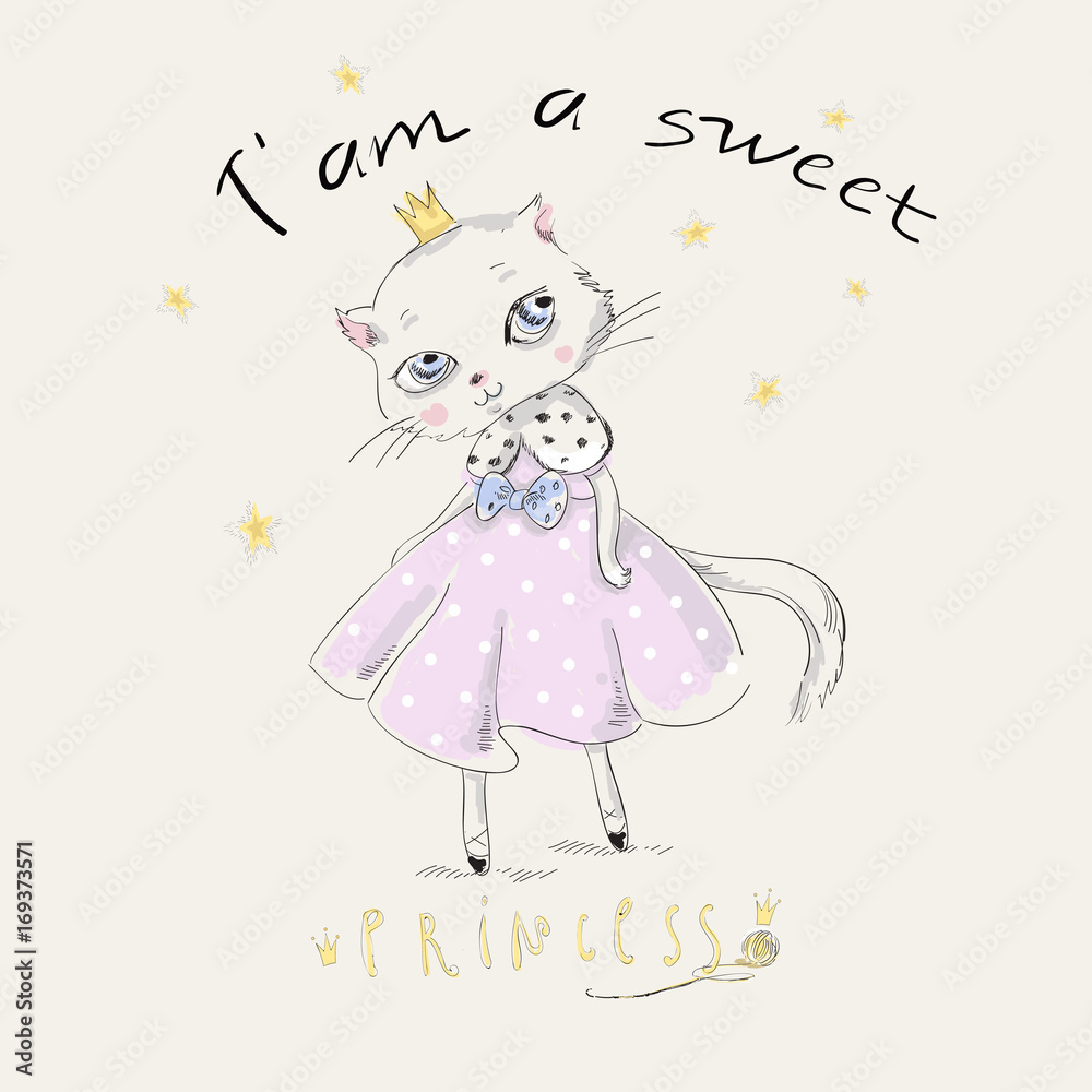 Cute princess cat with slogan and stars. Vector baby patch for fashion apparels, t shirt, stickers and printed tee design. Cute princess cat with slogan and stars. Vector baby patch for fashion apparels, t shirt, stickers and printed tee design.