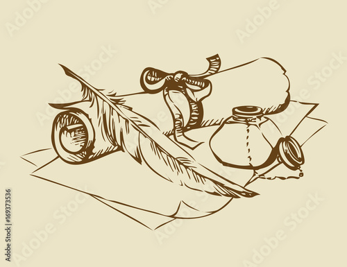 Still-life from inkwell with feather and paper