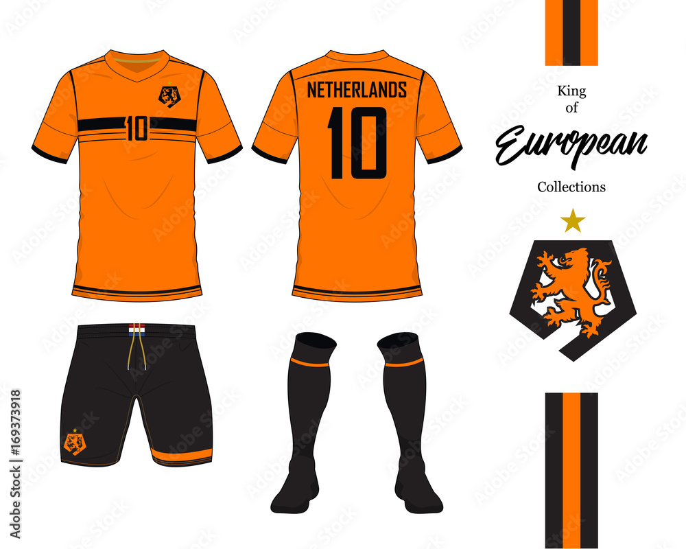 Netherlands football national team uniform. Soccer jersey or football kit  template. Football logo in flat design. Front and rear view soccer t-shirt  mock up. Vector Illustration. Stock Vector | Adobe Stock