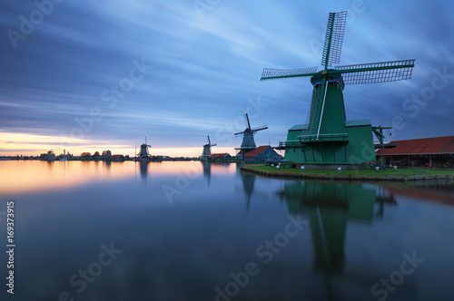 Landscape of Netherlands windmills at night