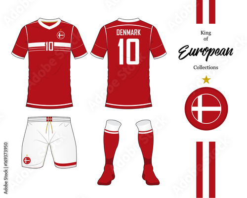 Denmark football national team uniform. Soccer jersey or football kit template. Football logo in flat design. Front and rear view soccer t-shirt mock up. Vector Illustration. 