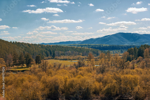 landscape with the Ural mountains and autumn forest on a sunny day