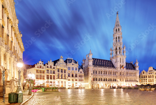 Night scene of the Grand Place, the focal point of Brussels, Belgium.