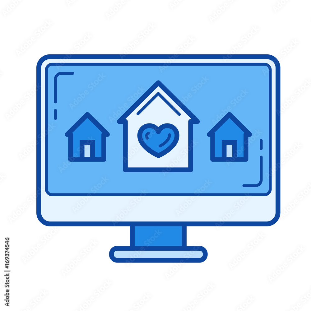 New house choice vector line icon isolated on white background. New house choice line icon for infographic, website or app. Blue icon designed on a grid system.