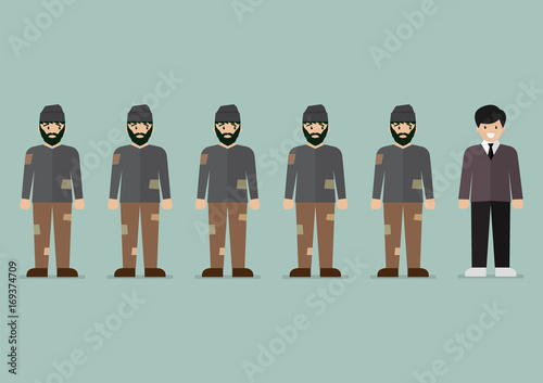 Group of homeless men and rich man character