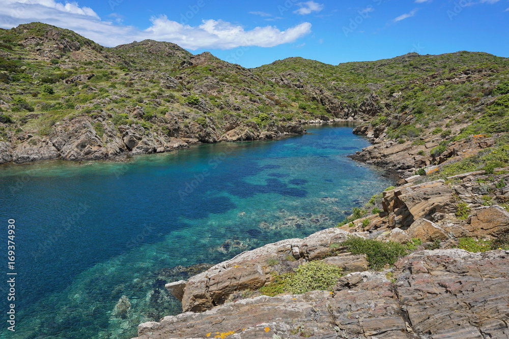 Fototapeta premium Coastal landscape Cala Bona cove, Mediterranean sea, Cap de Creus natural park, Spain, Costa Brava, Cadaques, Catalonia
